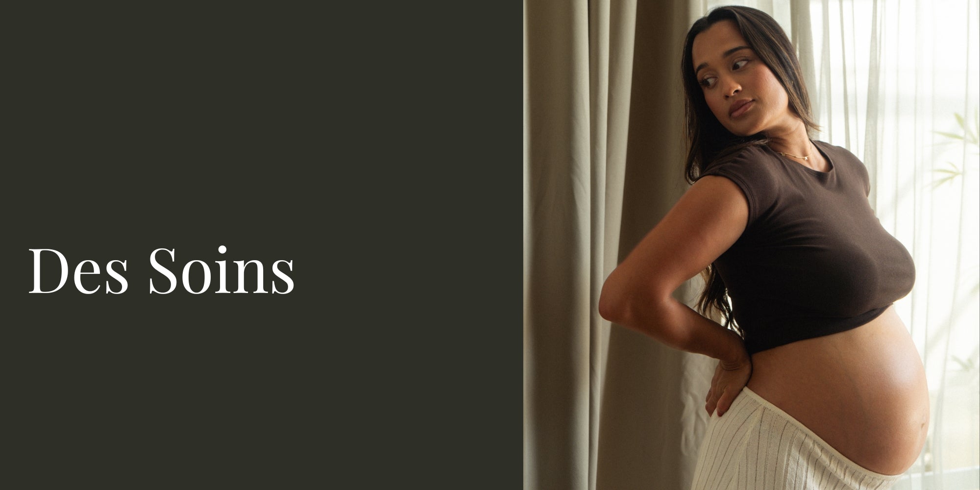 femme enceinte dans une lumière naturelle avec un ventre bien hydraté par les soins Flowerchild Soins du Corps.