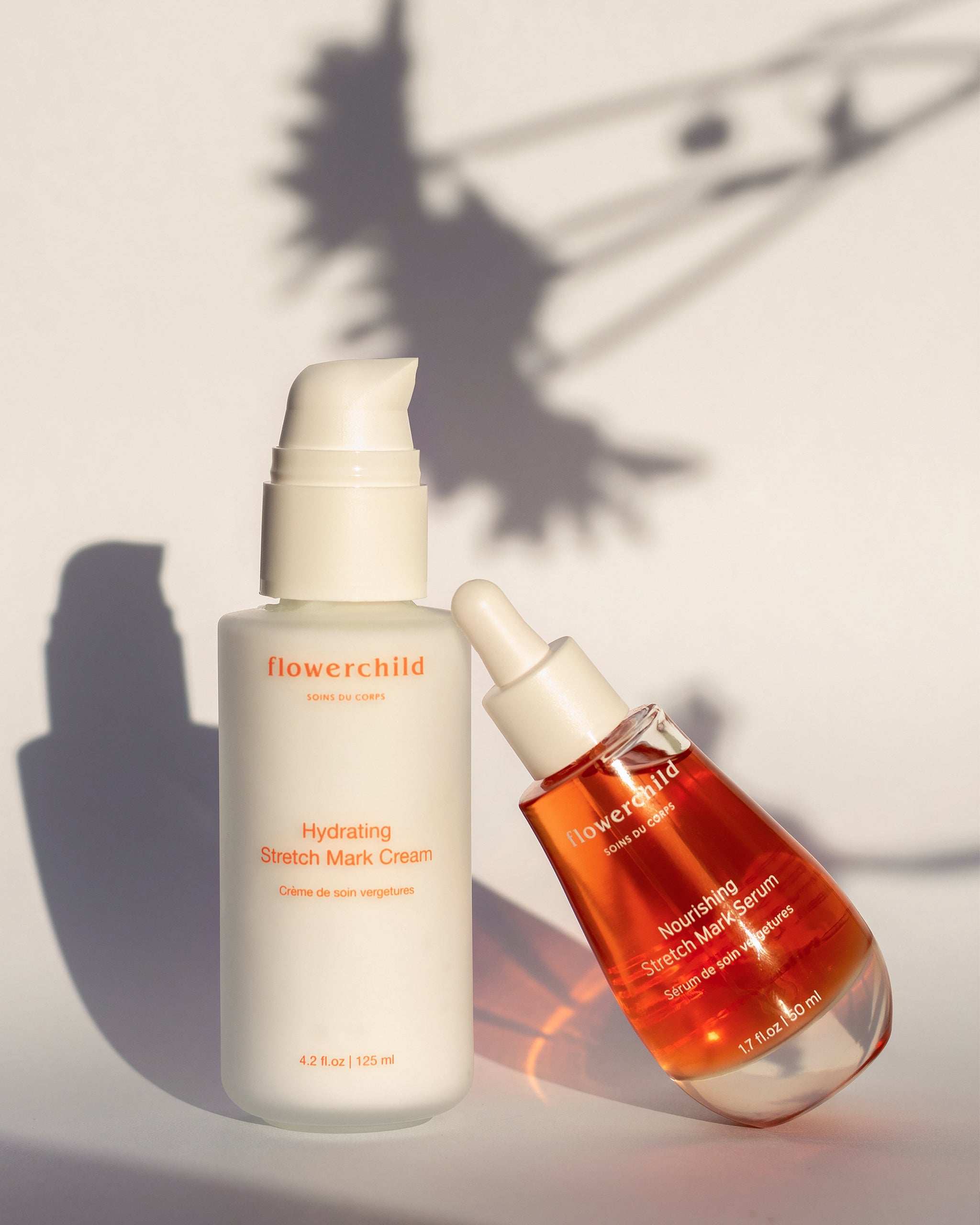 Duo anti-vergetures Flowerchild, soins hydratants et nourrissants sans parfum ou abricot yuzu, idéal grossesse et peau sensible.