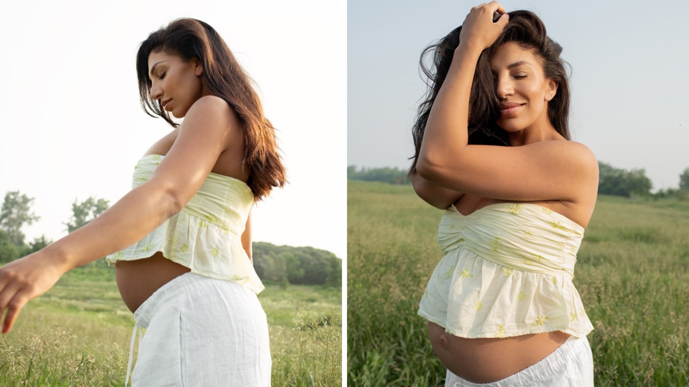 Femme enceinte rayonnante dans un champ en été, portant un haut jaune pâle et un pantalon blanc, capturée en lumière naturelle.